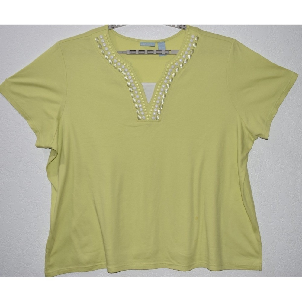 Liz And Me 4X Top Beaded V-neck Short Sleeve Lime/Yellow Artsy Coastal 30/32W‎